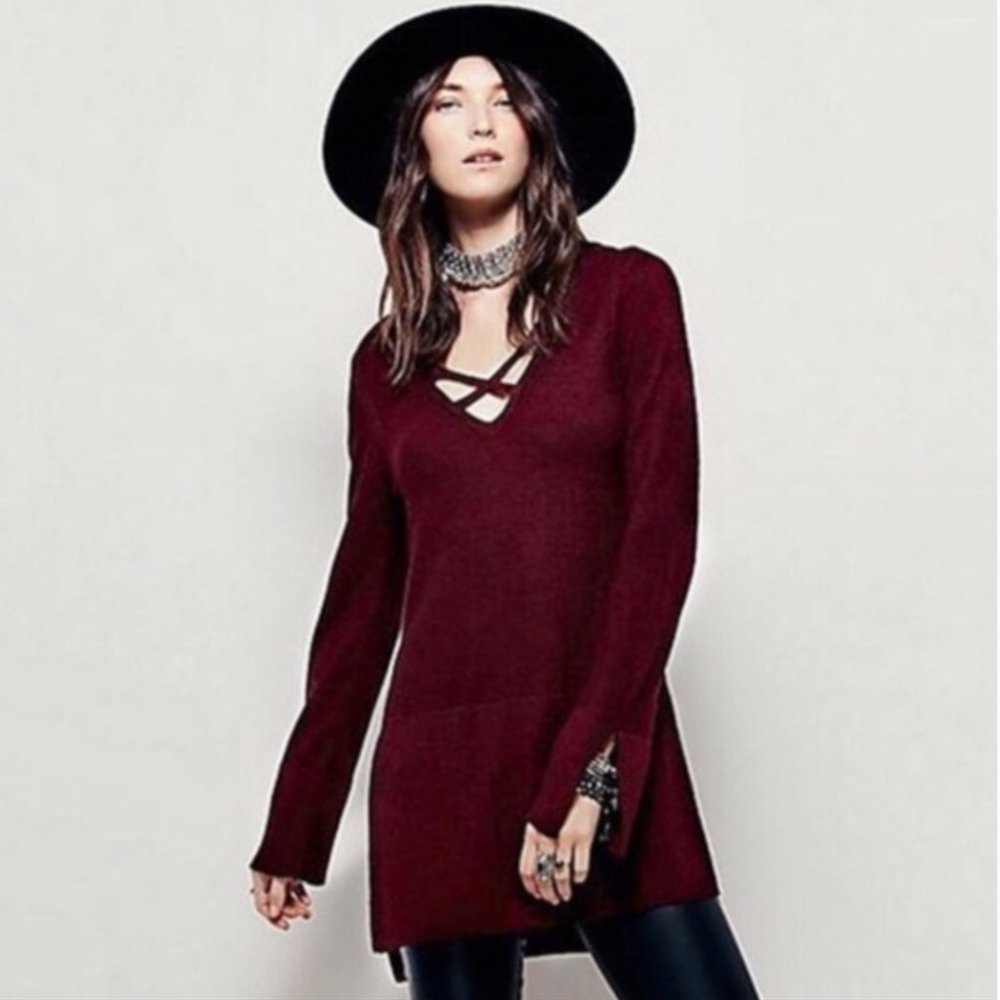 Free People Criss Cross Sweater Tunic Dress Wine